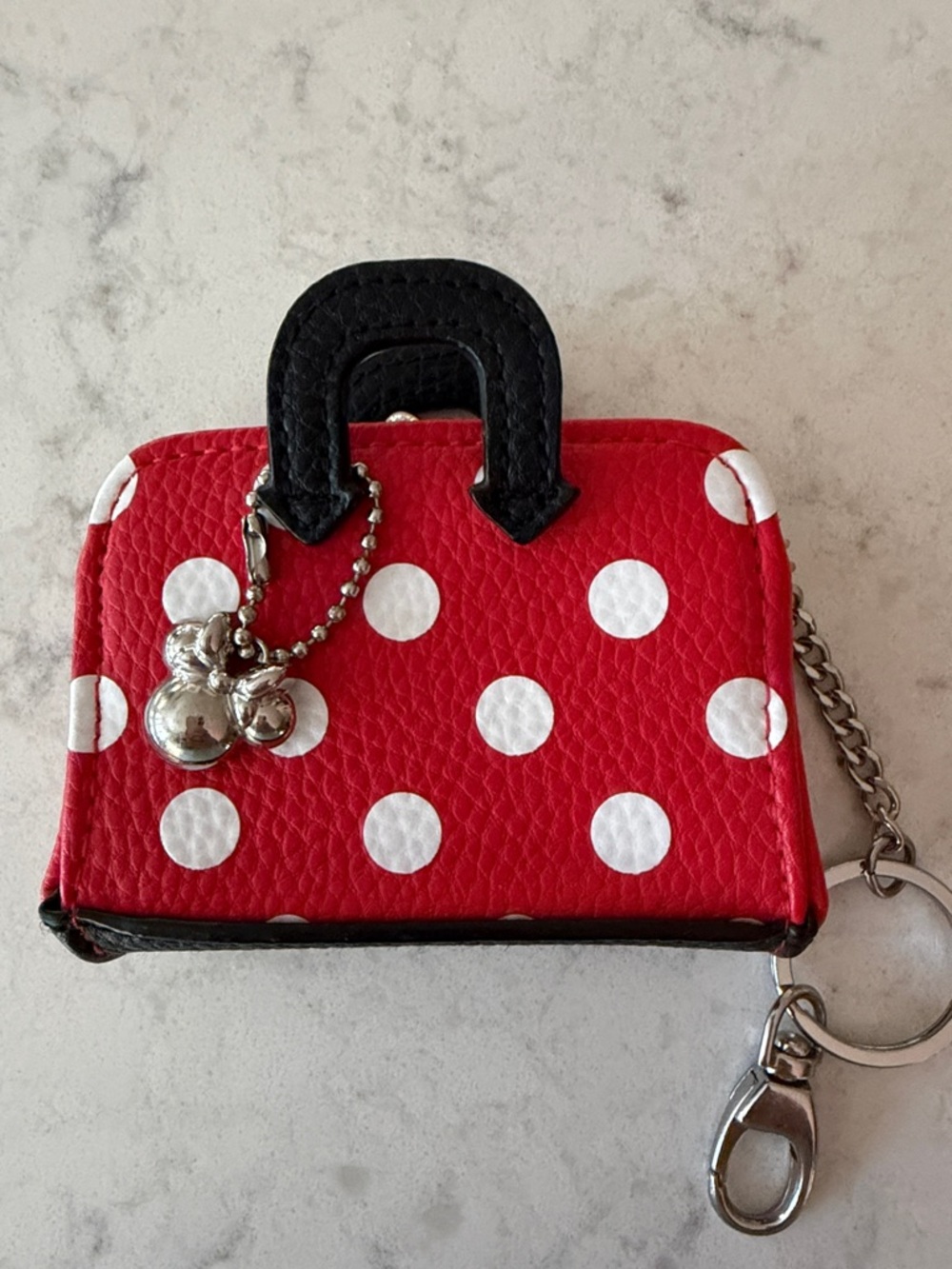 Disney Red Polka Dot Mini Bag Keychain with Black Handles and Key chain